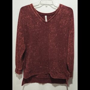 ZENANA T Shirt Size Large Mineral Wash V Neck LS Tunic Cotton Spandex Dark Red